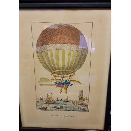 197 - A Collection of six coloured engravings depicting hot air balloons throughout the ages.