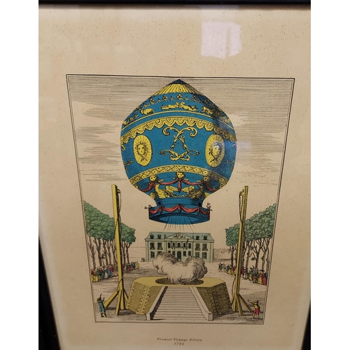 197 - A Collection of six coloured engravings depicting hot air balloons throughout the ages.