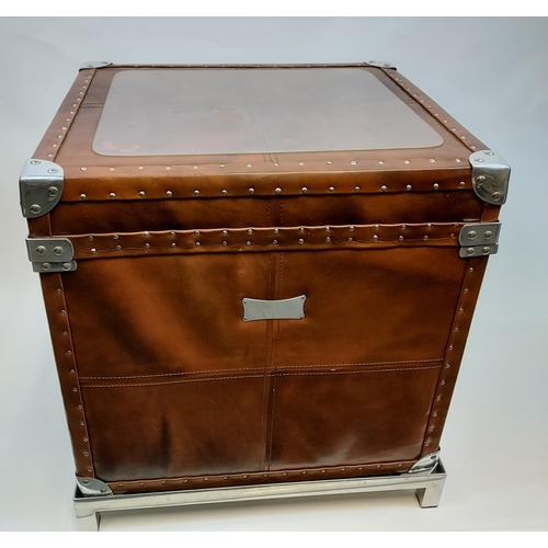 278 - A Contemporary faux leather case/ trunk. Sat upon a chrome pedestal base. [As found to top]