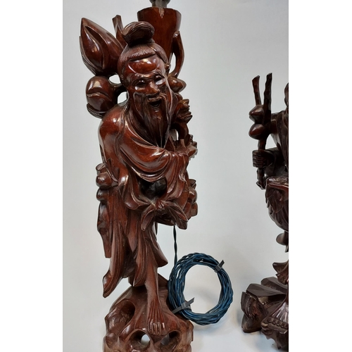 325A - Two hand carved Root Wood Japanese/ Chinese Immortal figures. One is made into a table lamp. [50cm i... 