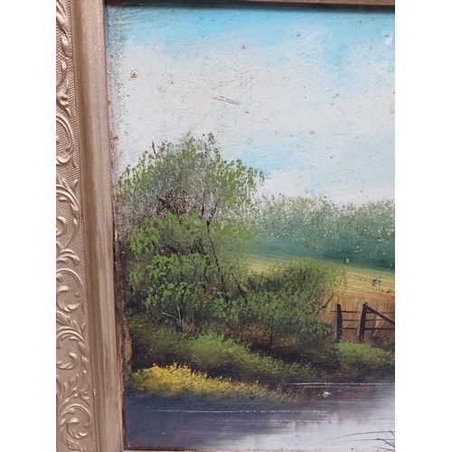 327 - A Pair of 19th century oil paintings on board depicting river scenes, fitted within moulded gilt fra... 