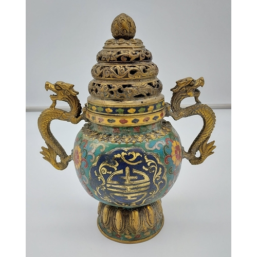 384 - A Chinese Ming Dynasty Bronze and Cloisonné incense burning pot with lid. Designed with ornate drago... 