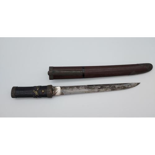 391 - An 18th/ 19th century Japanese Tanto blade. With original saya, Bronzed ornate mounts, two smaller b... 