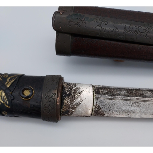 391 - An 18th/ 19th century Japanese Tanto blade. With original saya, Bronzed ornate mounts, two smaller b... 