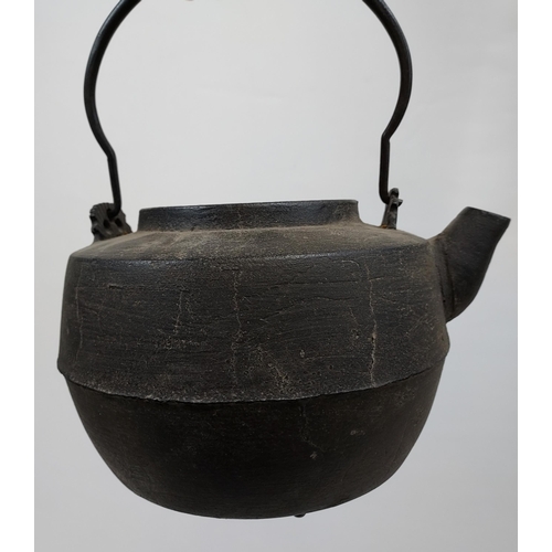 421 - A 19th century Japanese Jizai Kagi Hearth hook with Cast iron Japanese hanging kettle.