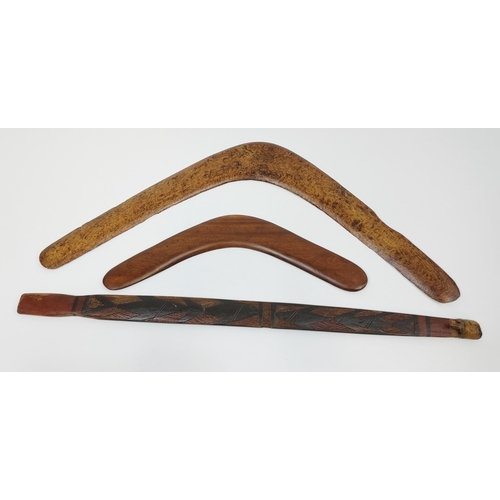 425 - A Lot of three native Australian weapons to include large old boomerang, sampler boomerang and spear... 