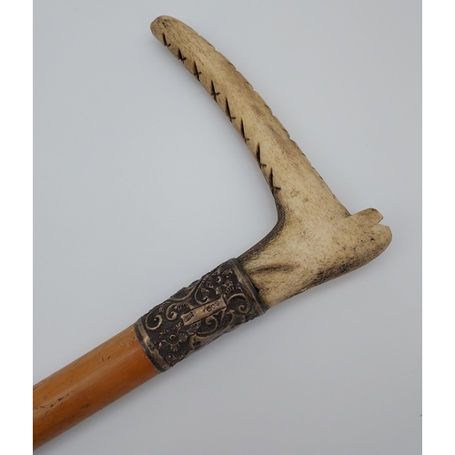 432 - Antique riding crop, antler handle with a silver mount and Malacca shaft. [82cm in length]