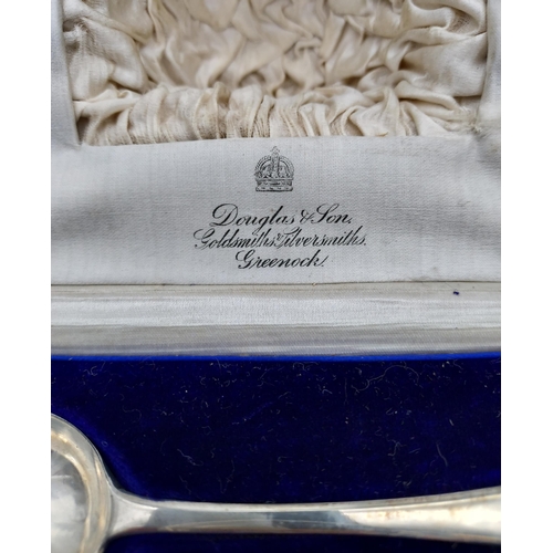 500 - A Boxed London silver three piece Christening set. Fork, spoon and napkin ring.