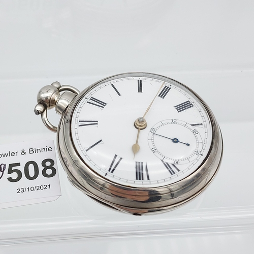 508 - Antique London silver cased pocket watch produced by P. Bryson & Son, Dalkeith, 8977. Comes with a L... 