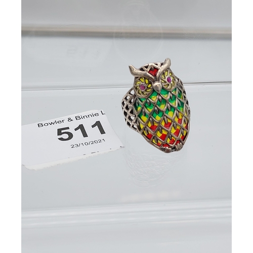 511 - A silver and plique a jour owl shaped ring [4.58g] [Ring size R]