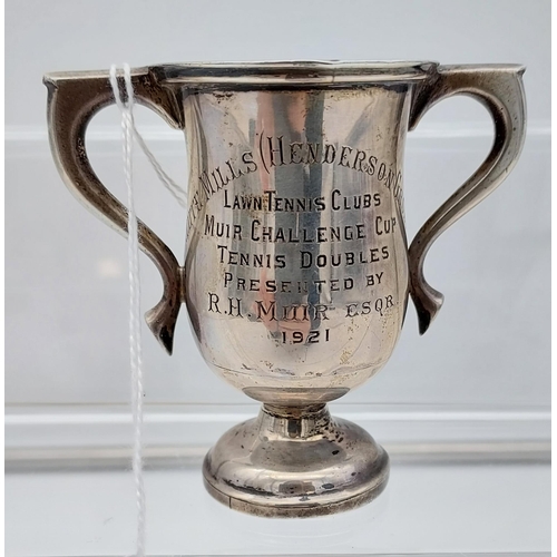 528 - Sterling Silver small two handle trophy. Engraved 'Jute Mills [Henderson Group] Lawn Tennis Clubs, M... 