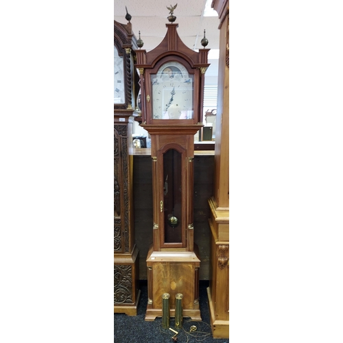 56 - A Reproduction grandfather clock. Comes with weights, pendulum and key. [220cm in height]