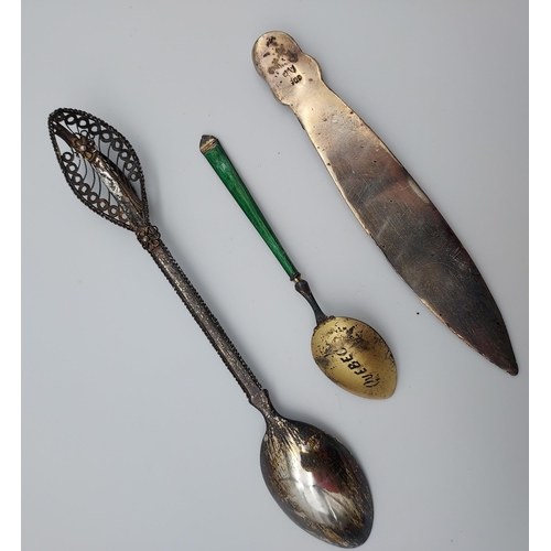 70 - 830 silver filigree spoon, Charles Horner Sterling silver and enamel spoon and 900 grade silver trib... 