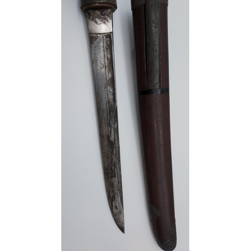 391 - An 18th/ 19th century Japanese Tanto blade. With original saya, Bronzed ornate mounts, two smaller b... 