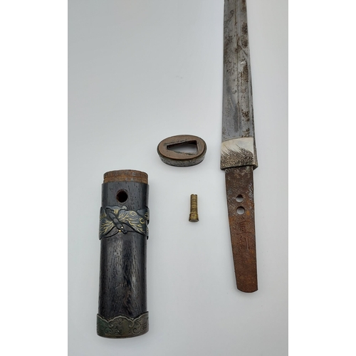 391 - An 18th/ 19th century Japanese Tanto blade. With original saya, Bronzed ornate mounts, two smaller b... 