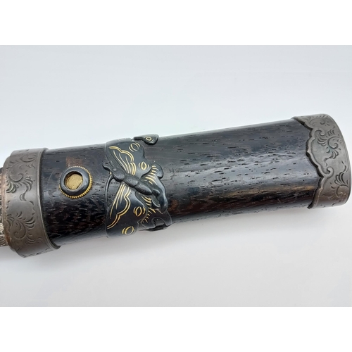 391 - An 18th/ 19th century Japanese Tanto blade. With original saya, Bronzed ornate mounts, two smaller b... 