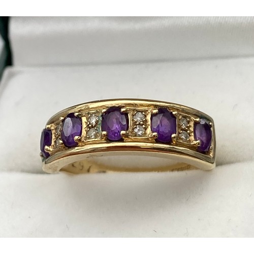 5 - A Ladies 9ct yellow gold ring set with Amethysts and diamonds. [Ring size P] [3.31Grams]