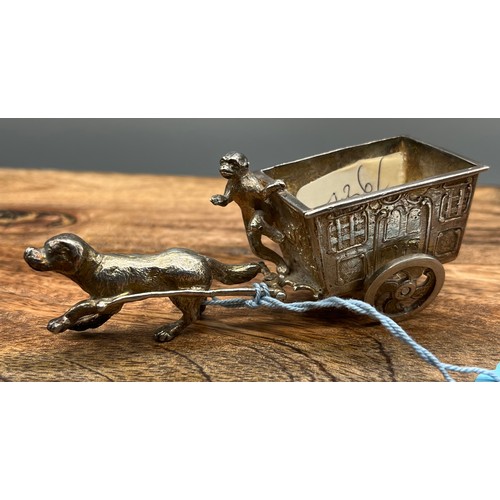 34 - Antique London silver novelty dog pulling cart and monkey snuff pot. Produced by Martin Sugar dated ... 