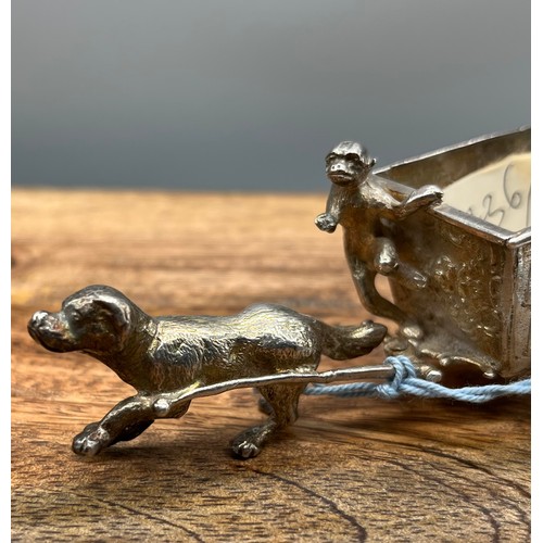 34 - Antique London silver novelty dog pulling cart and monkey snuff pot. Produced by Martin Sugar dated ... 