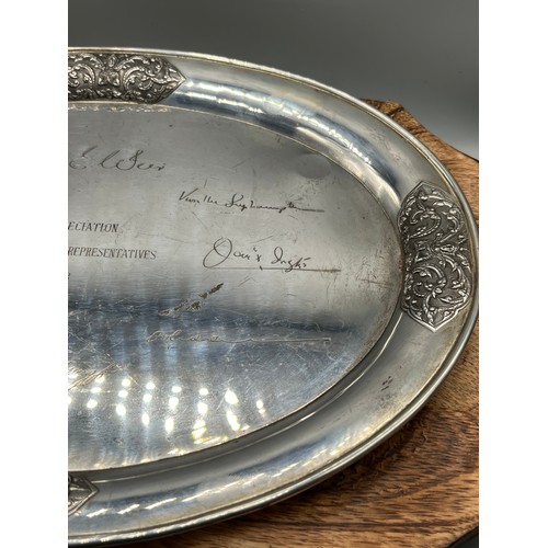 32 - A Sterling Thailand silver platter engraved with various signatures. [24x33cm] [424grams]