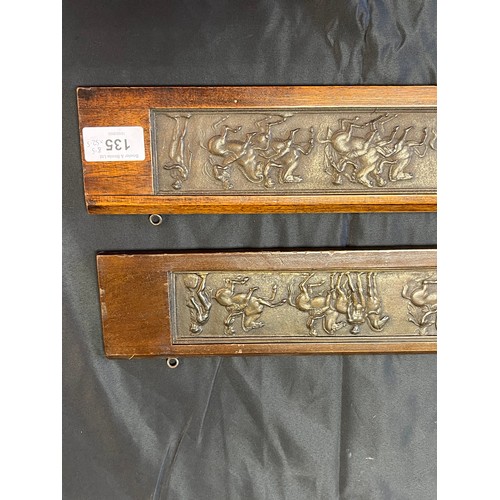 135 - A Pair of antique bronze story plaques fitted within mahogany frames. Both depicting Roman Centurion... 