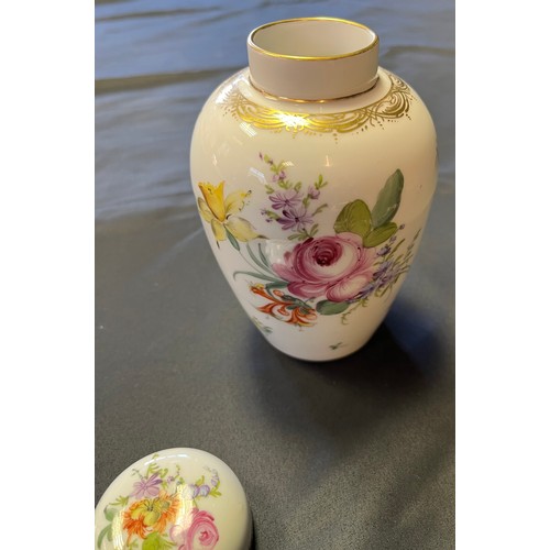 147 - Antique hand painted floral design Dresden Vase and cover.