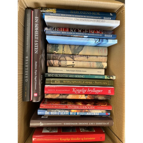 140 - A Lot of four boxes of mixed genre books to include cook books, art books, Viking Mythology, Danish ... 