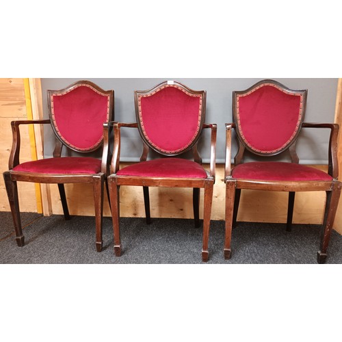 252 - Three 19th century chair's, the cushioned shield back with nail head trim leading to open arm suppor... 