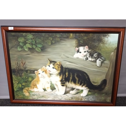 180 - Large painting depicting a cat along with her kittens signed S.Y.Ho [71x102cm]