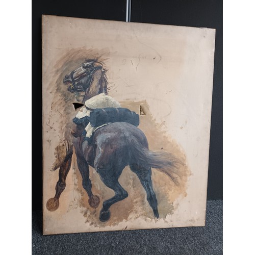 201 - Large oil on canvas depicting an unfinished military saddled horse attributed to Vereker . Monteith.... 