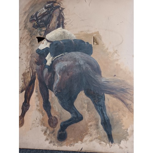 201 - Large oil on canvas depicting an unfinished military saddled horse attributed to Vereker . Monteith.... 