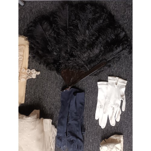 381 - Mixed lot of various vintage clothing to include shirts, gloves and ostrich feather fan. To include ... 