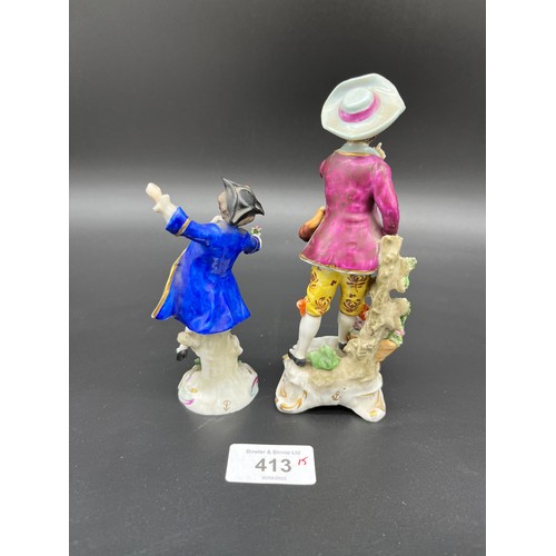 413 - A Lot of two antique Chelsea/ Derby porcelain figures. Both showing hand painted gold anchor mark. [... 