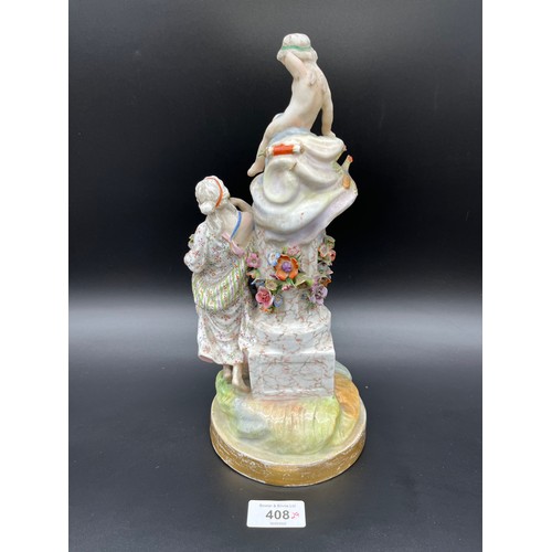 408 - A 19th century Meissen style figure depicting a lady looking up at a child on a column [29cm high]