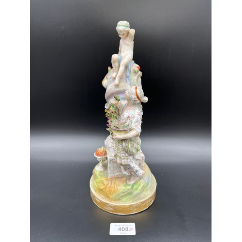 408 - A 19th century Meissen style figure depicting a lady looking up at a child on a column [29cm high]