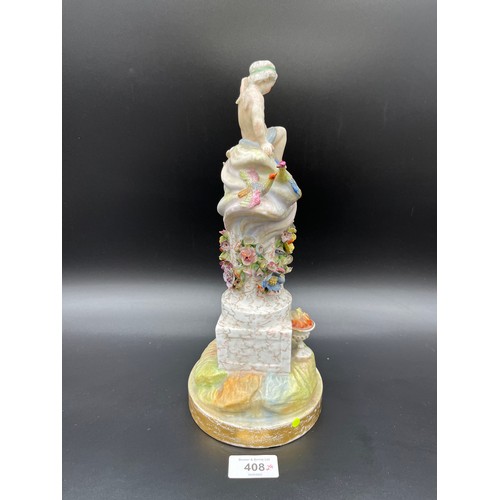 408 - A 19th century Meissen style figure depicting a lady looking up at a child on a column [29cm high]