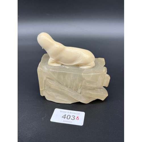 403 - Antique ivory seal on quartz ice black, signed. [8cm high]