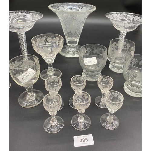 395 - A Collection of antique and vintage crystal etched glasses and vases. Includes two Stuart Crystal tw... 