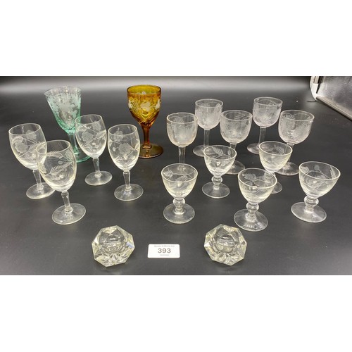 393 - A Lot of etched drinking glasses to include Amber and green glass etched goblets.