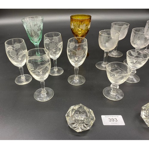 393 - A Lot of etched drinking glasses to include Amber and green glass etched goblets.