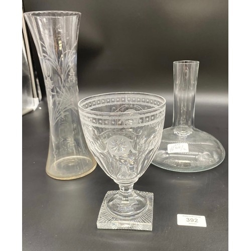 392 - A Lot of vintage glass and crystal to include crystal cut vase with 925 silver rim, Large etched squ... 