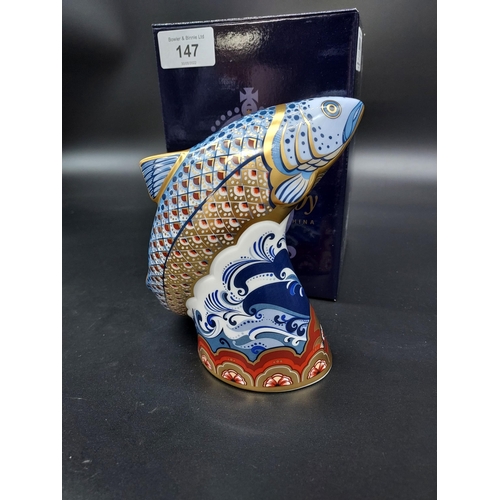 147 - A Royal Crown Derby Leaping Salmon- Sinclairs. Gold Button and comes with original box.