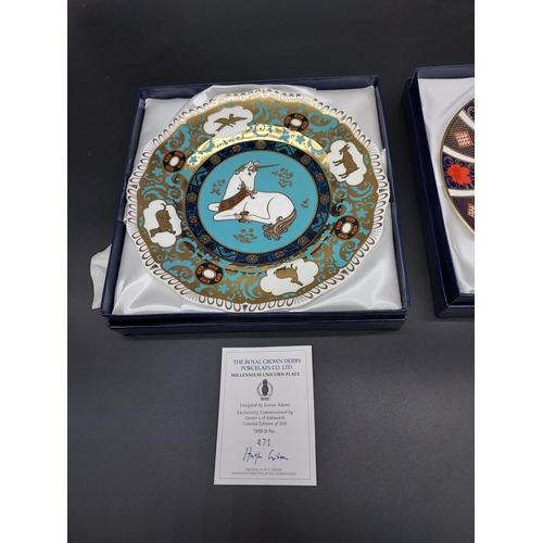 154A - Three Limited Edition Royal Crown Derby collectors plates titled 'Millennium Dove, Unicorn and Thist... 