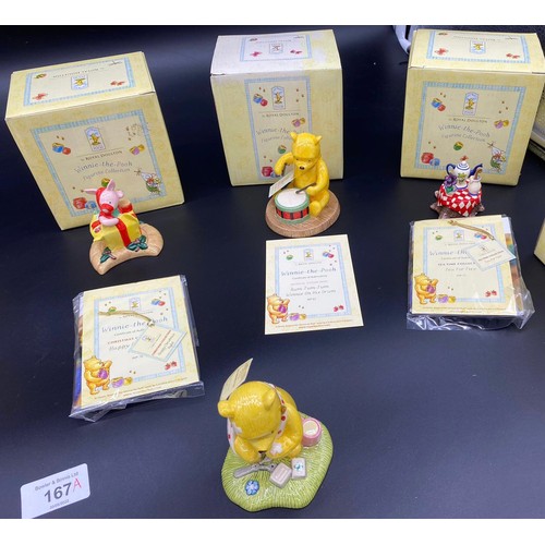 167A - A Lot of seven Royal Doulton Winnie the Pooh figures, titled 'Patient Bear, Happy Birthday, Rum Tum ... 