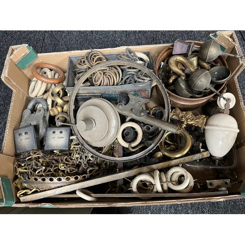 240 - A Box containing a quantity of antique curtain hoops, finials, switches, Art Deco Emeralite desk lam... 