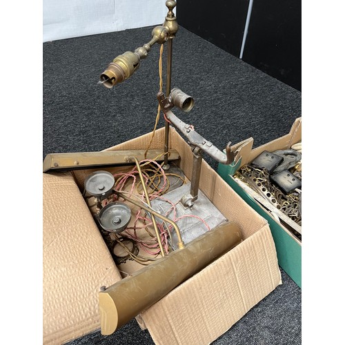 240 - A Box containing a quantity of antique curtain hoops, finials, switches, Art Deco Emeralite desk lam... 