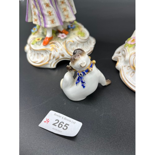 265 - A Large pair of antique Meissen style figures, Together with a small Meissen pug dog. [As Found][24c... 