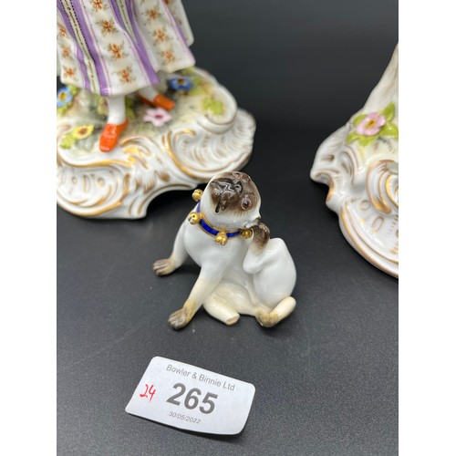 265 - A Large pair of antique Meissen style figures, Together with a small Meissen pug dog. [As Found][24c... 