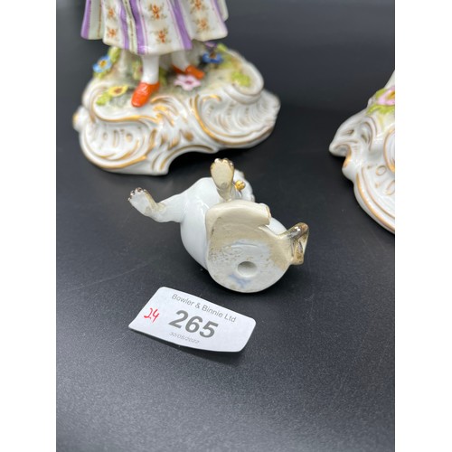 265 - A Large pair of antique Meissen style figures, Together with a small Meissen pug dog. [As Found][24c... 