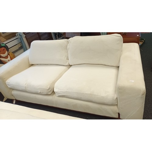 520 - Large Linely designer Sofa with feather filled cushions in white material. Some area's do have marks... 